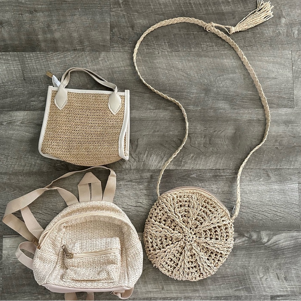 Bundle of 3 Stylish Tan Woven Women's Bag Set EUC